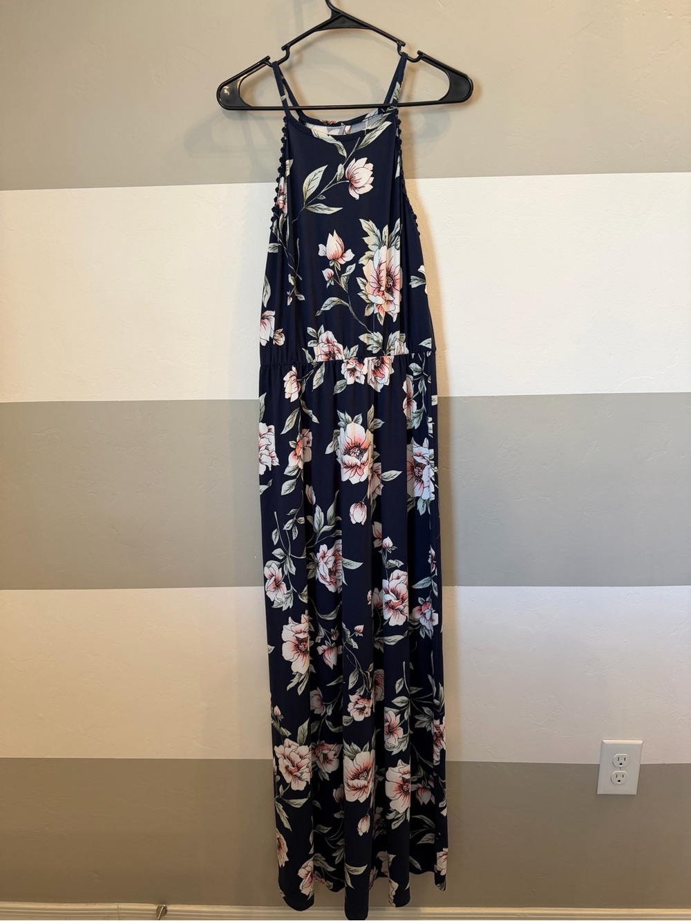 French Grey Navy Floral Halter Maxi Dress medium
